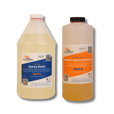 Boat Suppliers epoxy kit with medium hardener, 64 fl oz thin clear resin Part A jug and 21.3 fl oz Medium Epoxy Hardener Part B.