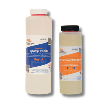 Boat Suppliers epoxy resin kit, 16 fl oz thin clear laminating resin Part A bottle beside 8 fl oz Slow Epoxy Hardener Part B.