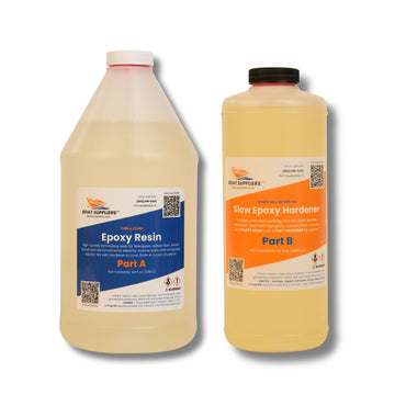 Boat Suppliers thin clear epoxy resin kit, 64 fl oz Part A laminating resin jug with 32 fl oz Slow Epoxy Hardener Part B bottle.