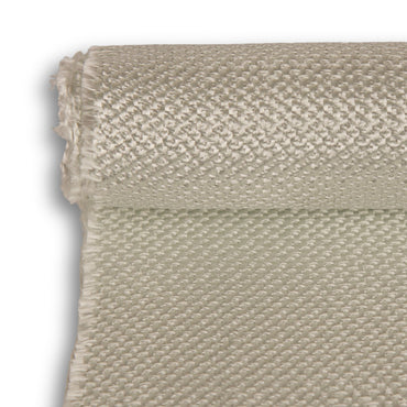 40oz fiberglass E cloth rolled over itself, heavy plain weave white glass fabric with a frayed selvage edge.