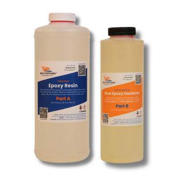 Boat Suppliers epoxy resin kit, 32 fl oz thin clear laminating resin Part A bottle with 16 fl oz Slow Epoxy Hardener Part B.