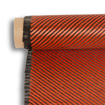 5.5oz carbon Kevlar hybrid fabric roll in 2x2 twill weave, red Kevlar and black carbon fiber tows on a cardboard core.