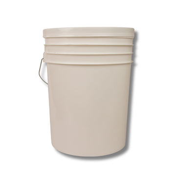 5 gallon plastic pail in off-white HDPE with a metal wire handle and ribbed top rim, shown from the side