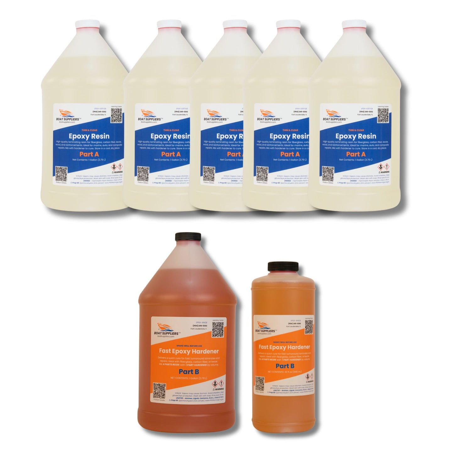 Boat Suppliers epoxy kit with fast hardener, 1-gallon thin clear resin Part A jug beside 32 fl oz orange Fast Epoxy Hardener Part B.