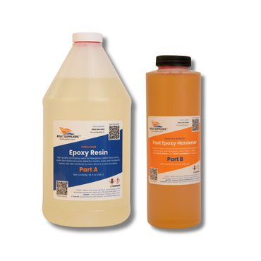 Boat Suppliers epoxy kit with fast hardener, 1-gallon thin clear resin Part A jug and 32 fl oz orange Fast Epoxy Hardener Part B.