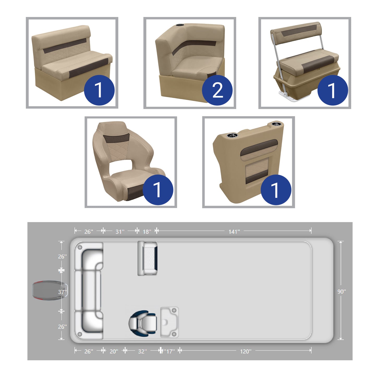 Ensemble de meubles de ponton Wise DLX avec banquette arrière, dossier basculant et console