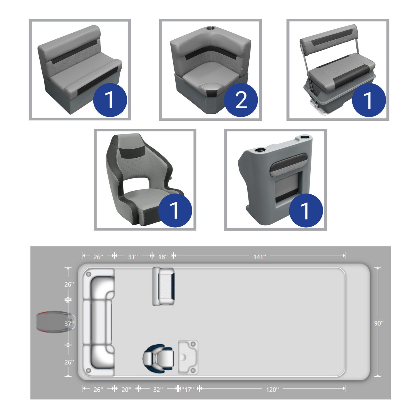 Ensemble de meubles de ponton Wise DLX avec banquette arrière, dossier basculant et console
