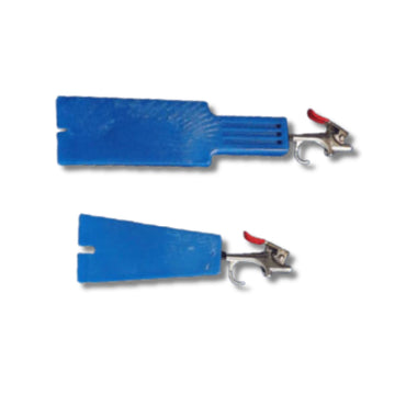 Two blue air injection wedges for mold release, a long paddle wedge and a short tapered wedge, each fitted with a chrome air gun with red trigger