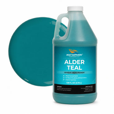 Alder Teal liquid pigment 1 gallon jug beside a glossy teal color swatch