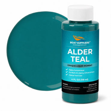 Alder Teal liquid pigment 4 oz bottle beside a glossy teal color swatch