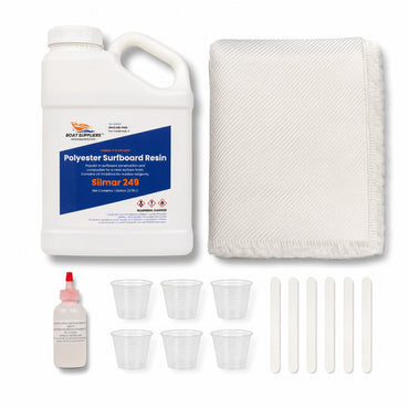 1708 biaxial fiberglass and resin kit: gallon of Boat Suppliers polyester resin with MEKP hardener, 5 yard folded pack of 1708 biaxial fabric, mixing cups and mixing sticks