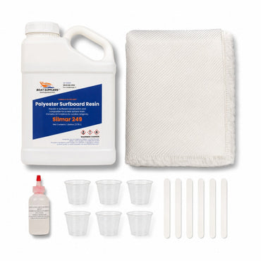1708 biaxial fiberglass and resin kit: gallon of Boat Suppliers polyester resin with MEKP hardener, 5 yard folded pack of 1708 biaxial fabric, mixing cups and mixing sticks