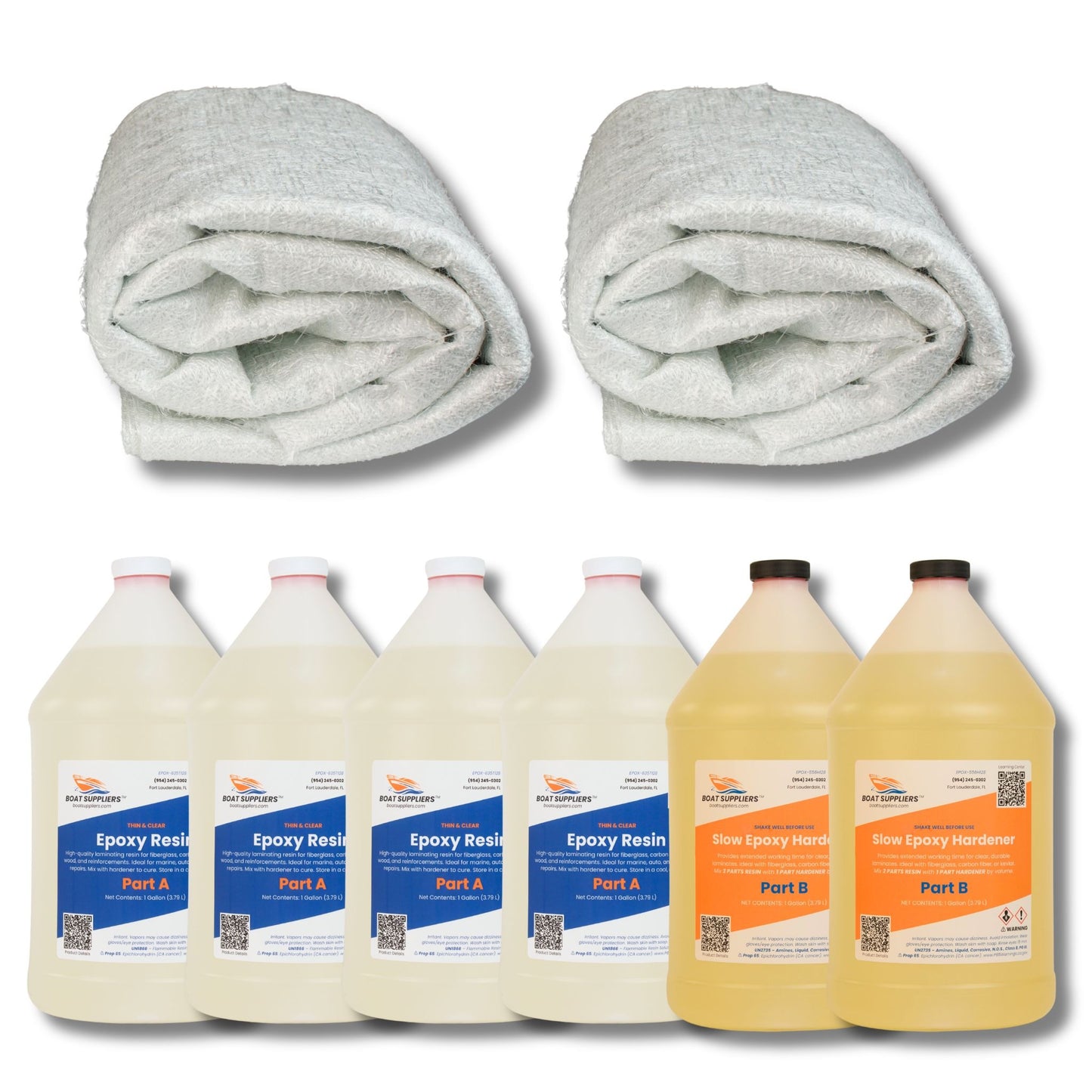 1708 fiberglass and epoxy kit: two 5 yard folded packs of 1708 biaxial fiberglass, four gallons of Boat Suppliers thin clear epoxy resin Part A, and two gallons of slow epoxy hardener Part B