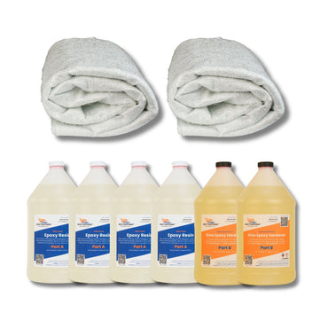 1708 fiberglass and epoxy kit: two 5 yard folded packs of 1708 biaxial fiberglass, four gallons of Boat Suppliers thin clear epoxy resin Part A, and two gallons of slow epoxy hardener Part B