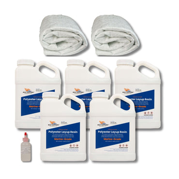 1708 fiberglass and resin kit: two 5 yard folded packs of 1708 biaxial fiberglass, five gallons of Boat Suppliers marine-grade polyester layup resin, and MEKP hardener