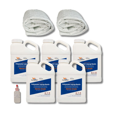 Boat building fiberglass kit: five gallons of Boat Suppliers marine-grade polyester layup resin, MEKP hardener, a 5 yard folded pack of 1.5oz chopped strand mat, and a 5 yard folded pack of 1708 biaxial fiberglass