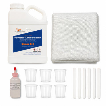 Fiberglass cloth and resin kit: gallon of Boat Suppliers polyester resin with MEKP hardener, 5 yard folded pack of 6oz woven fiberglass cloth, mixing cups and mixing sticks