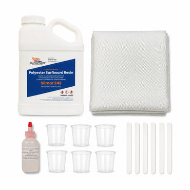 Fiberglass cloth and resin kit: gallon of Boat Suppliers polyester resin with MEKP hardener, 5 yard folded pack of 6oz woven fiberglass cloth, mixing cups and mixing sticks