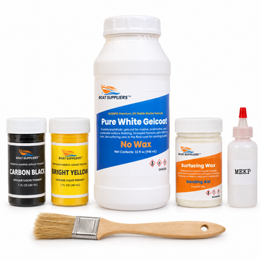 Gelcoat repair kit contents: Boat Suppliers pure white no-wax gelcoat quart, 2 oz surfacing wax, MEKP hardener, 1 oz Carbon Black and 1 oz Bright Yellow liquid pigments, and a natural bristle chip brush