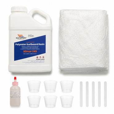 Fiberglass mat and resin kit: gallon of Boat Suppliers polyester resin with MEKP hardener, 5 yard folded pack of 1.5oz chopped strand mat, mixing cups and mixing sticks