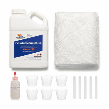 Fiberglass mat and resin kit: gallon of Boat Suppliers polyester resin with MEKP hardener, 5 yard folded pack of 1.5oz chopped strand mat, mixing cups and mixing sticks