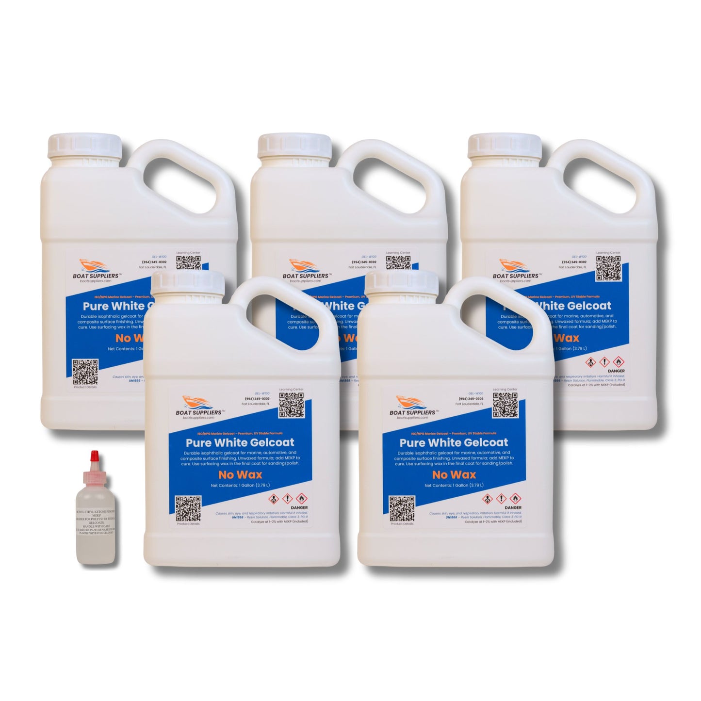 Five 1-gallon jugs of Pure White no-wax gelcoat making up the 5 gallon size, shown with one MEKP hardener bottle