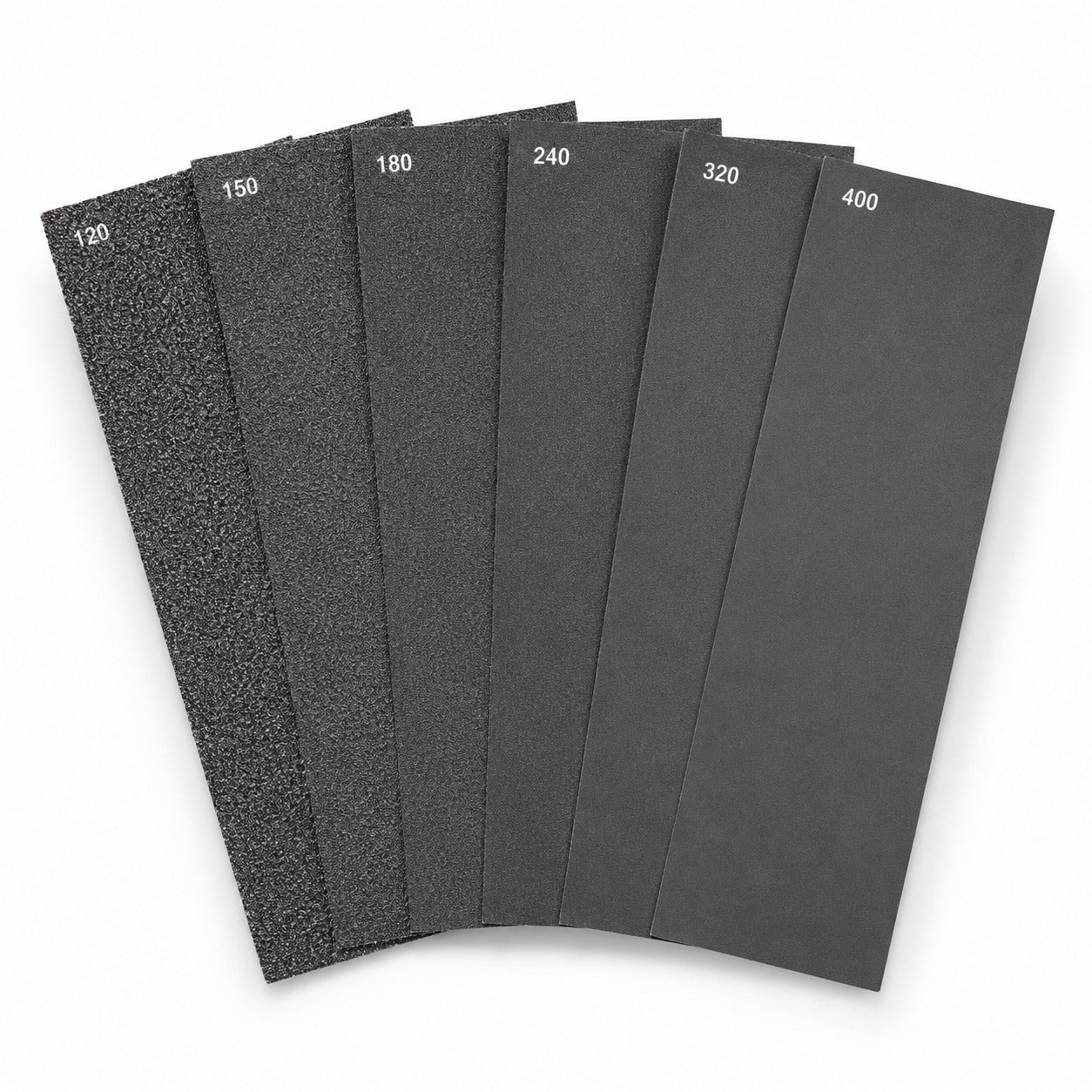 Prep and fair wet dry sandpaper pack, six sheets fanned showing 120 to 400 grit
