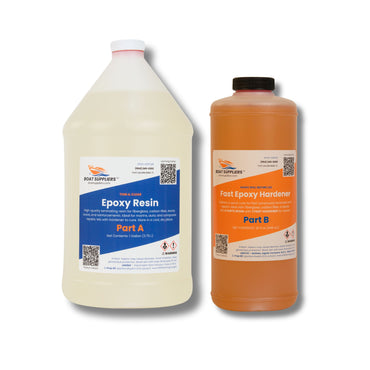 Boat Suppliers bulk epoxy kit with fast hardener, five 1-gallon resin Part A jugs plus two orange Fast Epoxy Hardener Part B containers.
