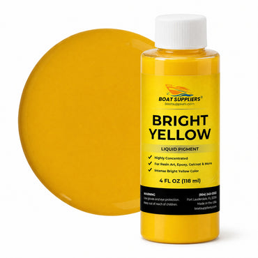 Bright Yellow liquid pigment 4 oz bottle beside a glossy bright yellow color swatch