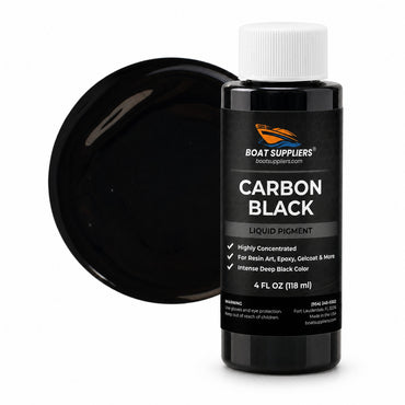 Carbon Black liquid pigment 4 oz bottle beside a glossy jet black color swatch