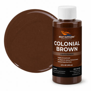 Colonial Brown liquid pigment 4 oz bottle beside a glossy chocolate brown color swatch