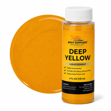 Deep Yellow liquid pigment 4 oz bottle beside a glossy golden amber-yellow color swatch