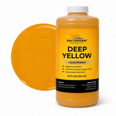 Deep Yellow liquid pigment quart bottle beside a glossy golden amber-yellow color swatch