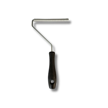Economy fiberglass roller with an aluminum coil head on a bent wire frame and black plastic handle with hang hole, shown from above