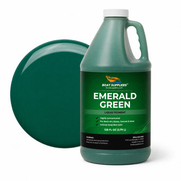 Emerald Green liquid pigment 1 gallon jug beside a glossy emerald green color swatch