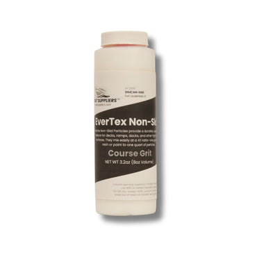 EverTex non-skid additive in a white shaker bottle, coarse grit polymer particles mixed into gelcoat or paint, 3.2 oz.