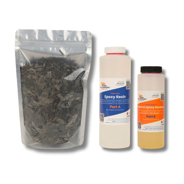 Forged carbon fiber starter kit: clear pouch of chopped carbon fiber with Boat Suppliers epoxy resin Part A and medium hardener Part B