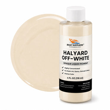 Halyard Off-White liquid pigment 4 oz bottle beside a glossy creamy off-white color swatch