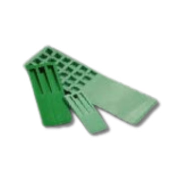 Green medium flex mold release wedges, three plastic wedges, one long with a grid pattern and two shorter with slotted tapered tips