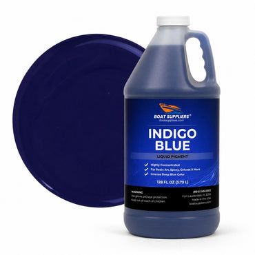 Indigo Blue liquid pigment 1 gallon jug beside a glossy indigo blue color swatch