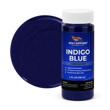 Indigo Blue liquid pigment 4 oz bottle beside a glossy indigo blue color swatch