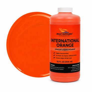 International Orange liquid pigment quart bottle beside a glossy vivid orange color swatch