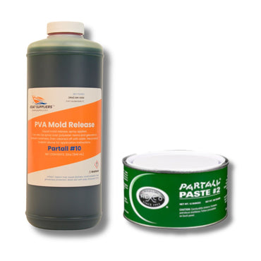 Mold release system kit: quart bottle of green PVA mold release (Partall #10) beside a green can of Partall Paste #2 wax