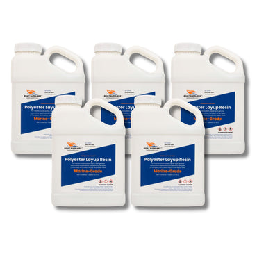 Five one-gallon jugs of marine-grade polyester layup resin grouped together, the 5 gallon bulk quantity option.