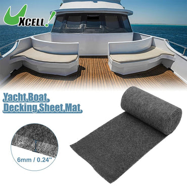 Roll of gray Uxcell boat decking carpet sheet mat, 6mm thick, shown with a yacht deck seating area
