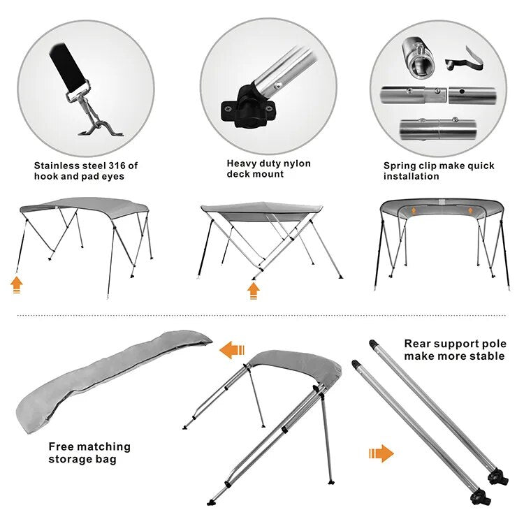 Bimini 3/4 Bow pour bateau, pare-soleil en toile 600D