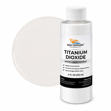 Titanium White liquid pigment 4 oz bottle beside a glossy bright white color swatch