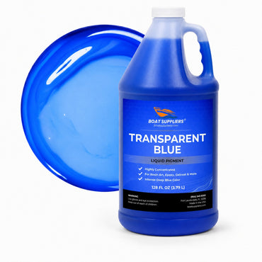 Transparent Blue liquid pigment 1 gallon jug beside a glossy translucent sapphire blue pour