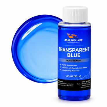 Transparent Blue liquid pigment 4 oz bottle beside a glossy translucent sapphire blue pour