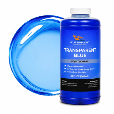 Transparent Blue liquid pigment quart bottle beside a glossy translucent sapphire blue pour